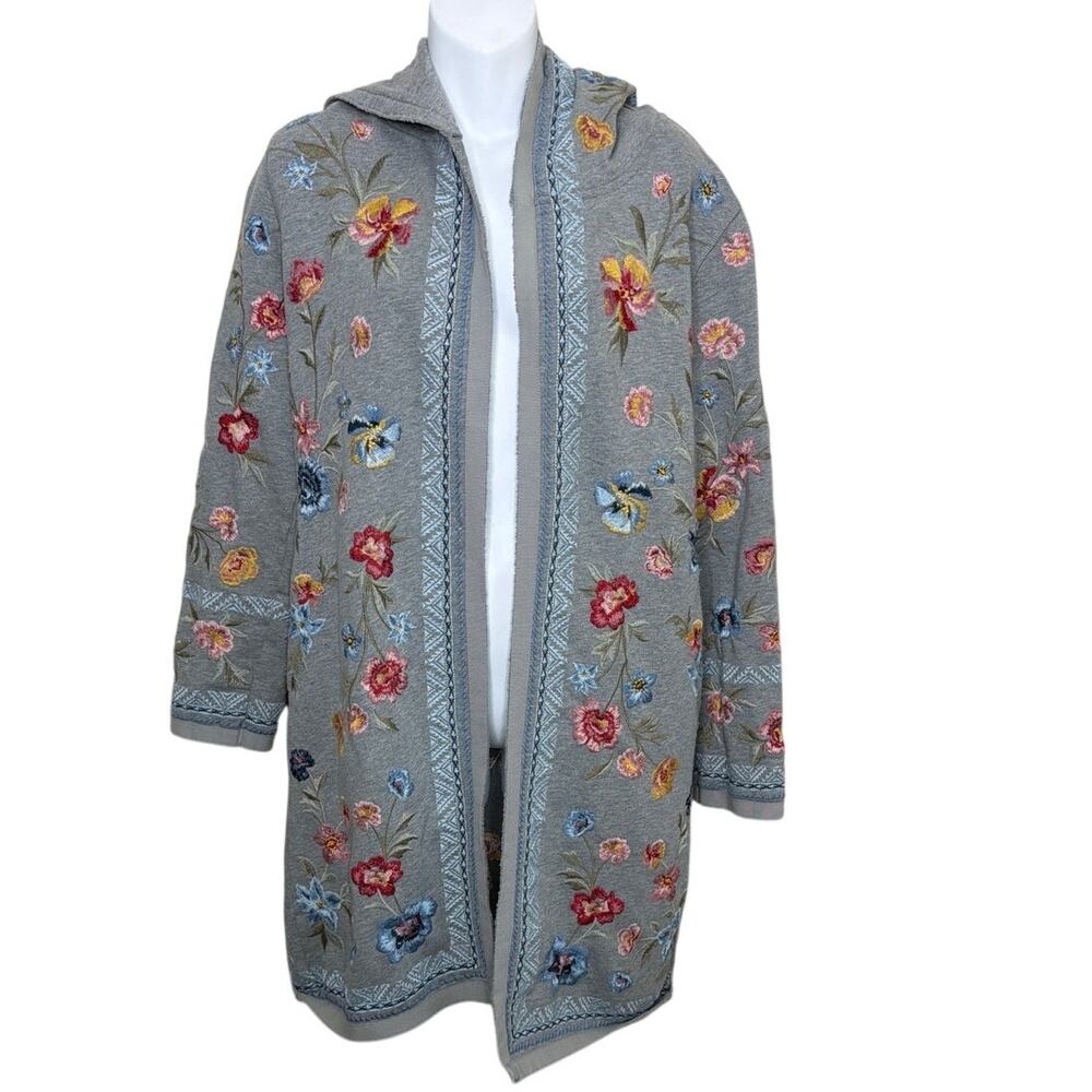 Driftwood Shelly embroidered open front cardigan with hood Size Medium
